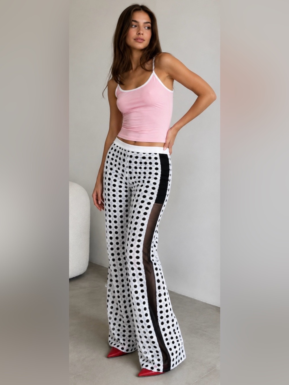 Alexis White Eyelet Flare Pants with Black Mesh Panels, M